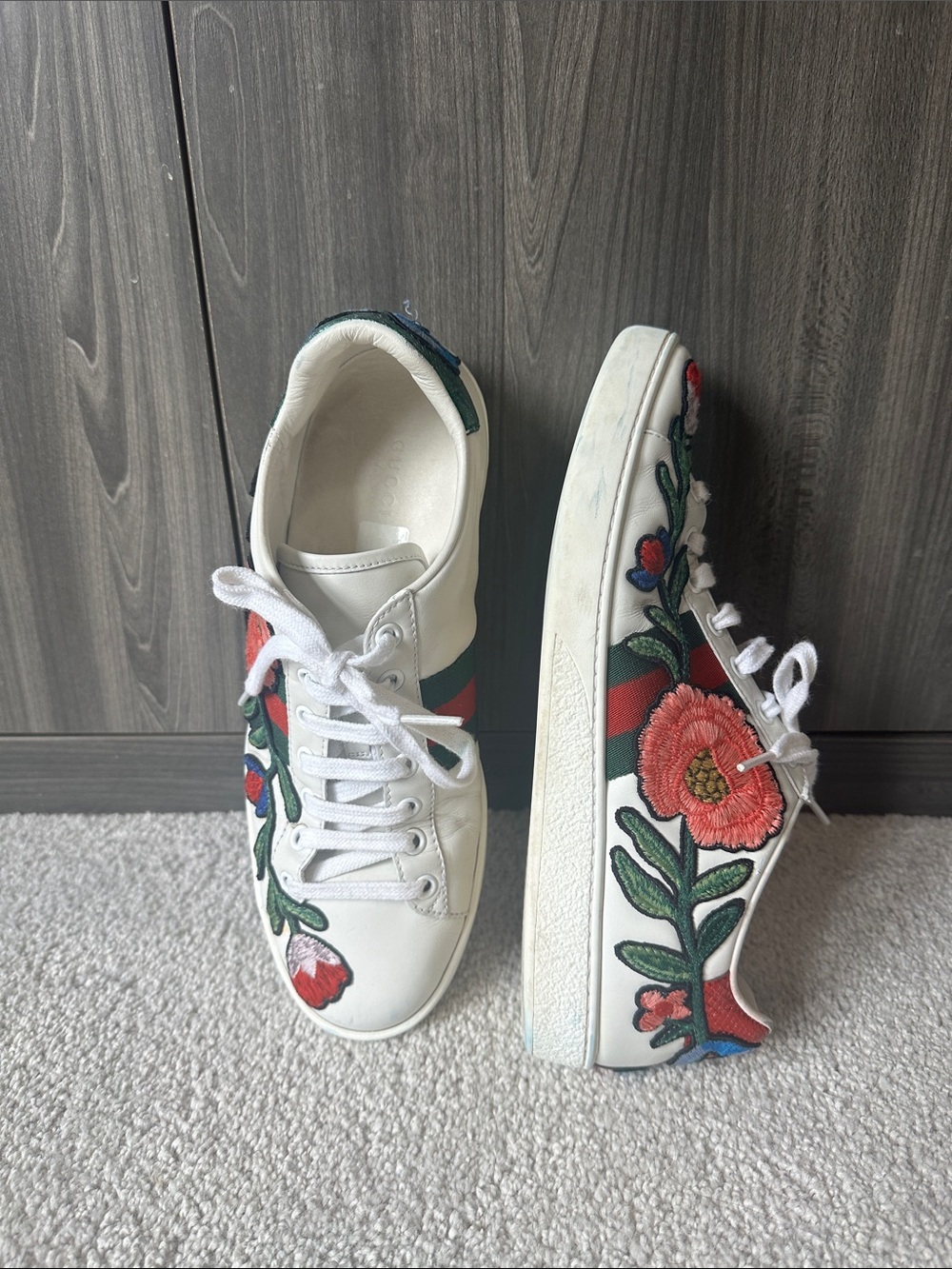 Gucci White Leather Sneakers with Red & Green Floral Embroidery